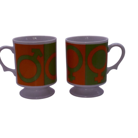 Vintage 1970s Pop Art His Hers Coffee Mugs Orange Green Gender Symbol Mod Pair - Picture 6 of 6